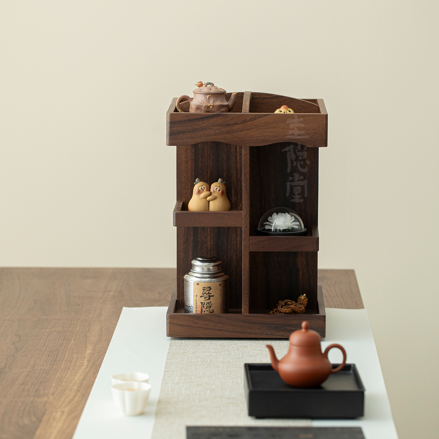 圭隐堂黑胡桃旋转茶具架置物架创意桌面展示收纳柜文玩茶玩多宝阁