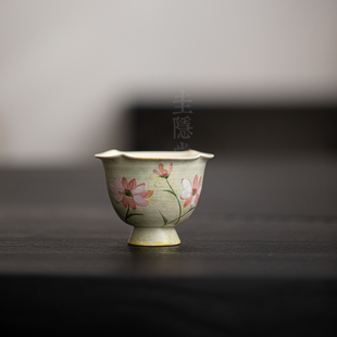 圭隐堂粉引手绘格桑花陶瓷女士个人专用单杯茶杯闻香品茗杯主人杯