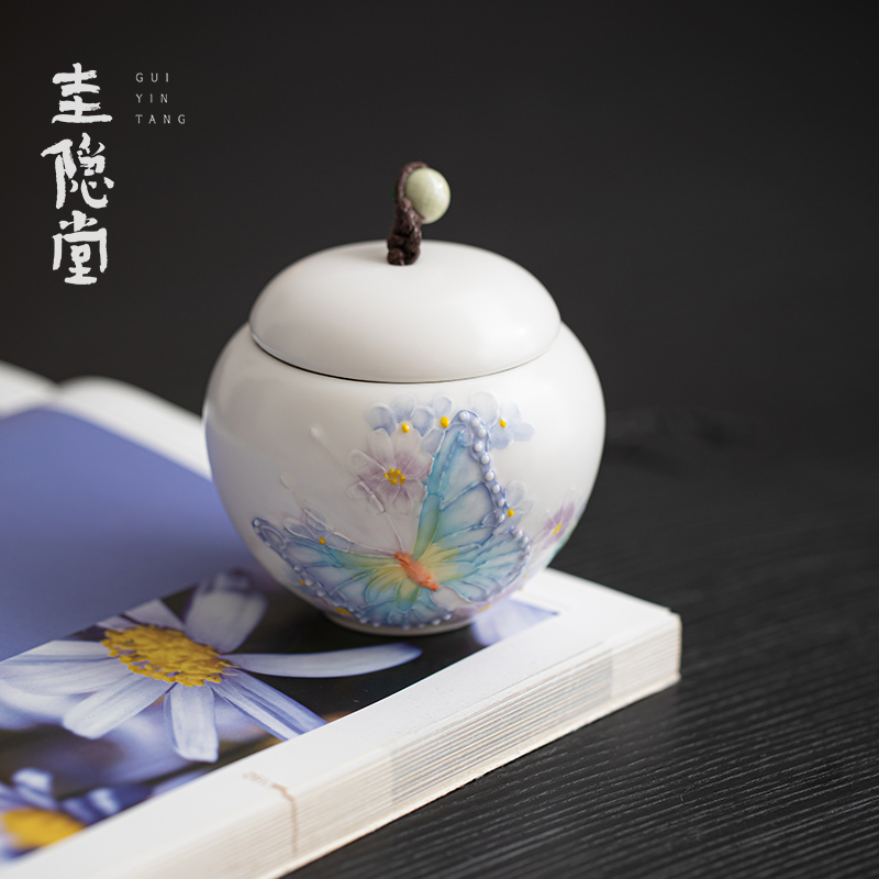 圭隐堂有田烧手绘蝴蝶釉下彩茶叶罐陶瓷家用储茶蓄茶罐防潮储存罐