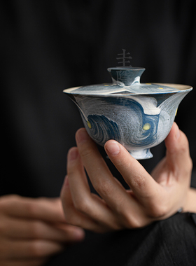 圭隐堂牧渔纯手工盖碗景德镇手绘粉引家用泡茶碗分茶器防烫手抓碗