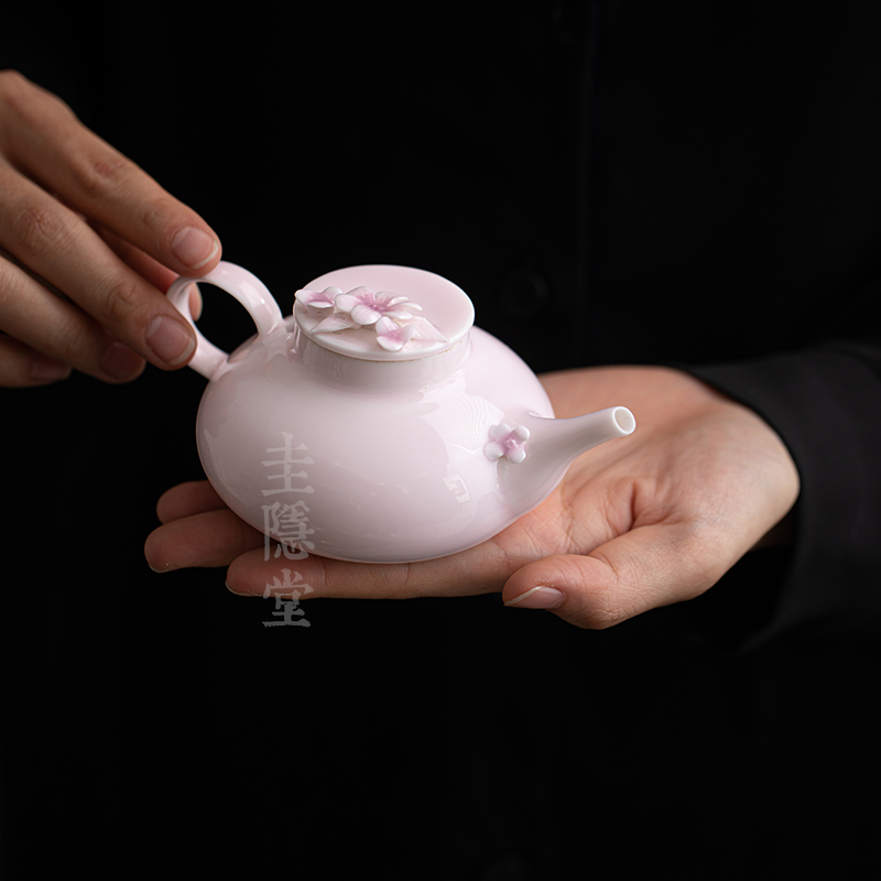 圭隐堂手工捏花陶瓷手执茶壶家用复古粉色女士泡茶壶单壶手抓壶