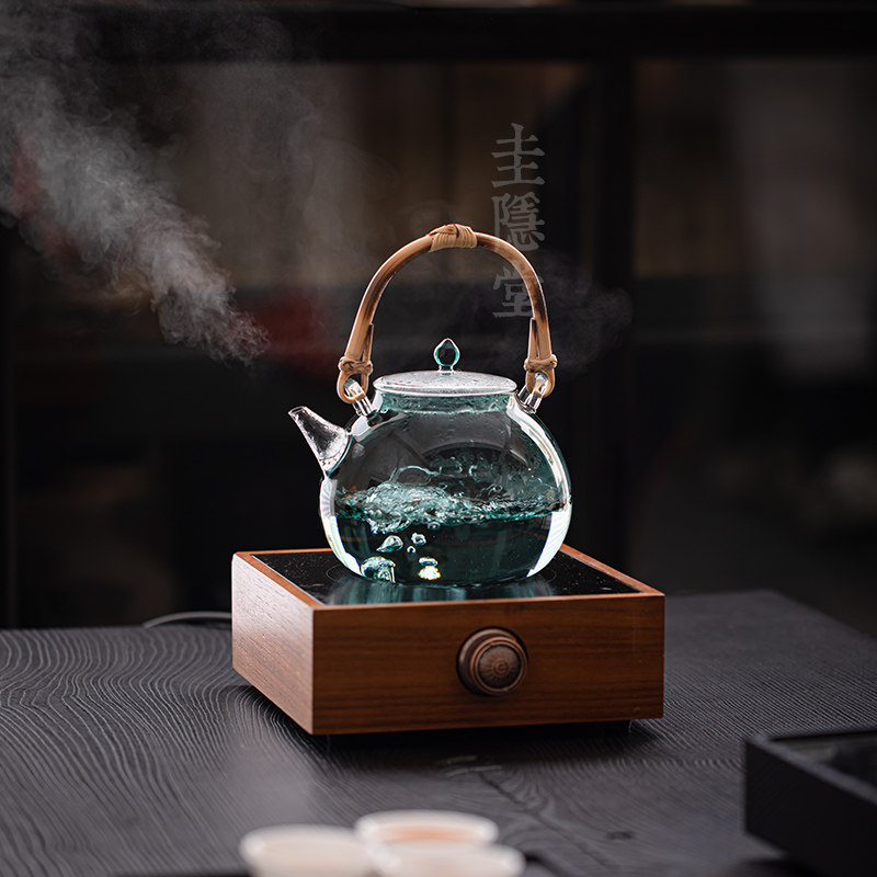 圭隐堂中式风格耐热玻璃泡茶壶 仿古提梁壶搭配胡桃木电陶炉组合