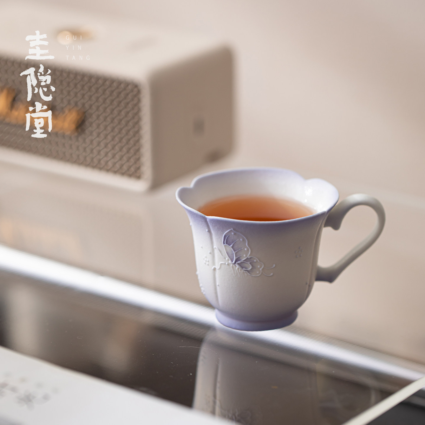 圭隐堂窑变紫色手绘蝴蝶带把茶杯高颜值精致女士主人杯品茗杯单杯
