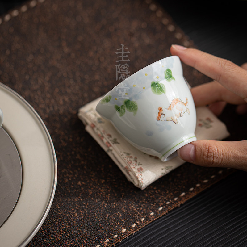 圭隐堂手绘绣球猫陶瓷茶杯女士高颜值釉下彩家用主人杯单杯品茗杯,餐饮具,茶杯,淘宝优惠券,粉丝福利购,淘宝优惠卷