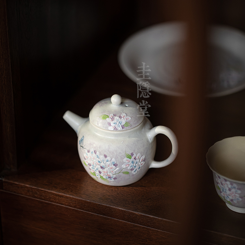 圭隐堂手绘绣球花堆雕陶瓷手执茶壶中式田园风家用女士泡茶壶单壶