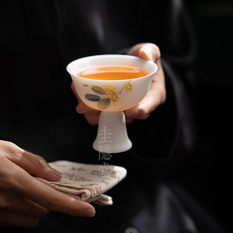 圭隐堂手绘桂花高足茶杯哑光羊脂玉白瓷家用主人杯女士品茗杯单杯