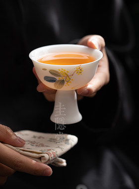 圭隐堂手绘桂花高足茶杯哑光羊脂玉白瓷家用主人杯女士品茗杯单杯