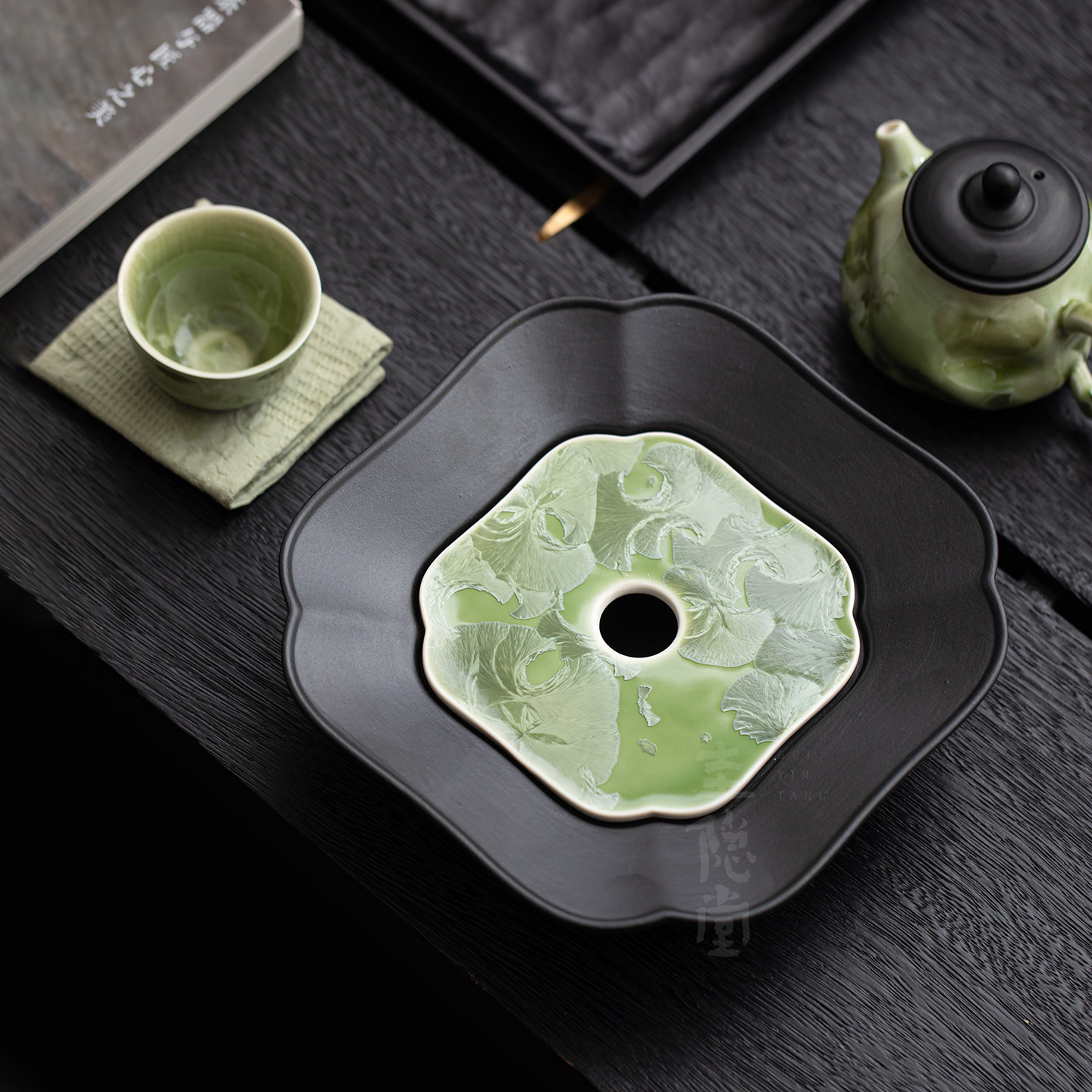 圭隐堂窑变结晶釉黛青冰花陶瓷壶承家用储水干泡茶盘茶托盘小茶台