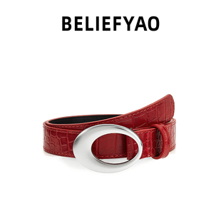 BELIEFYAO原创鳄鱼纹设计感皮带潮百搭y2k辣妹风高级感红色腰带女