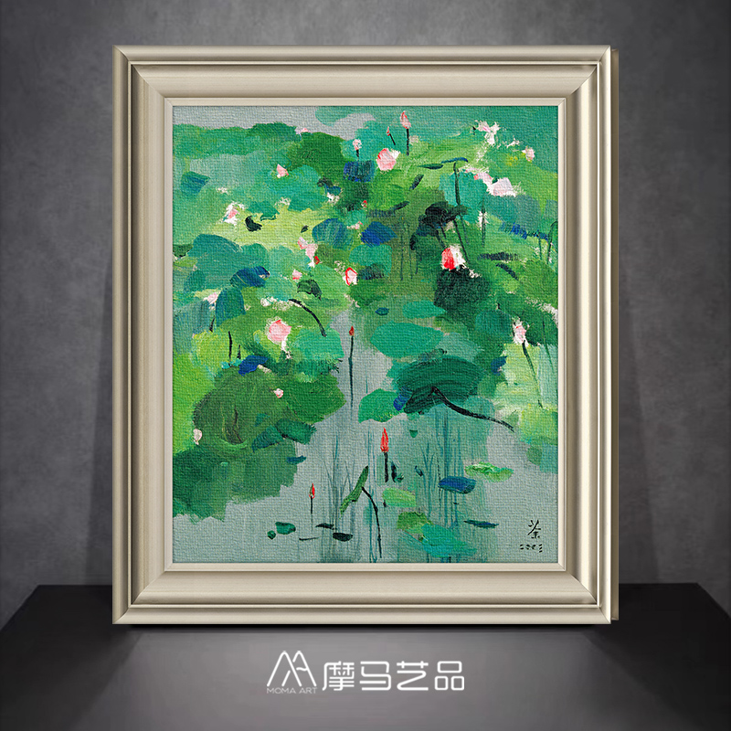 摩马艺品艺术大师油画《红莲二 》简约现代茶室客厅餐厅装饰字画图片