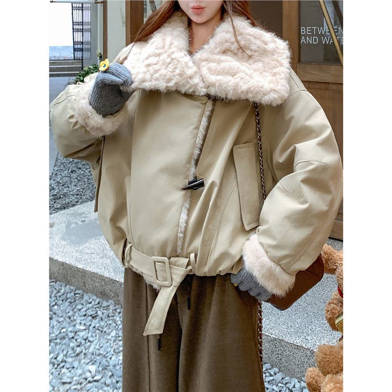 韩版宽松加厚保暖毛毛大翻领女短款欧货收腰外套夹棉内胆棉服外套
