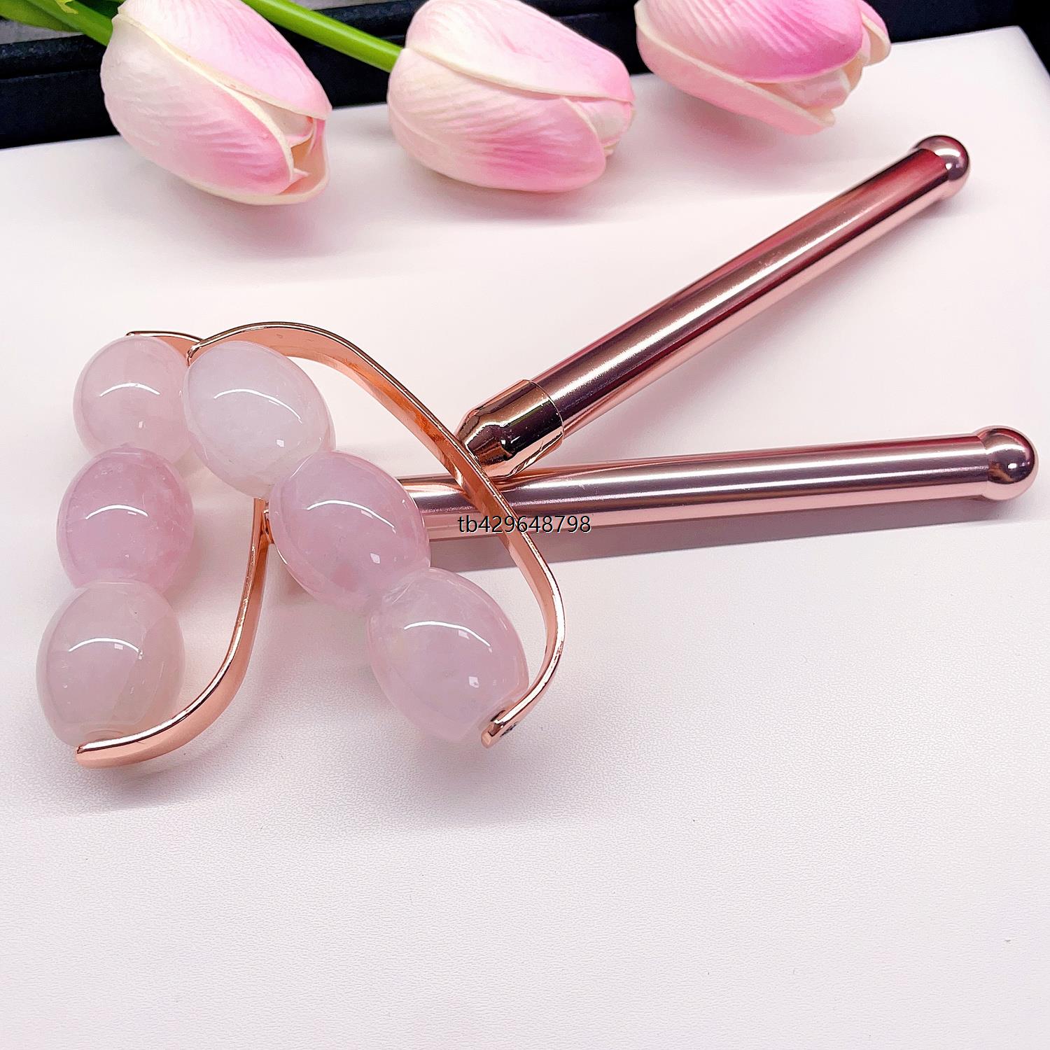 瑕疵尾货天然玉石粉水晶圆珠滚轮按摩器面部美容刮痧瘦脸紧致粉色