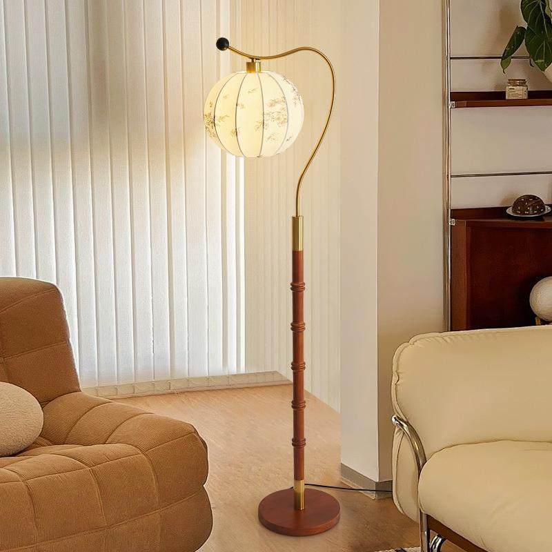 中古风实木护眼落地灯日式复古客厅书房灯具法式布艺印花卧室台灯