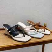 厚底坡跟凉鞋 方头帆布高跟夹趾人字拖凉拖鞋 女 气质配裙子时尚 法式