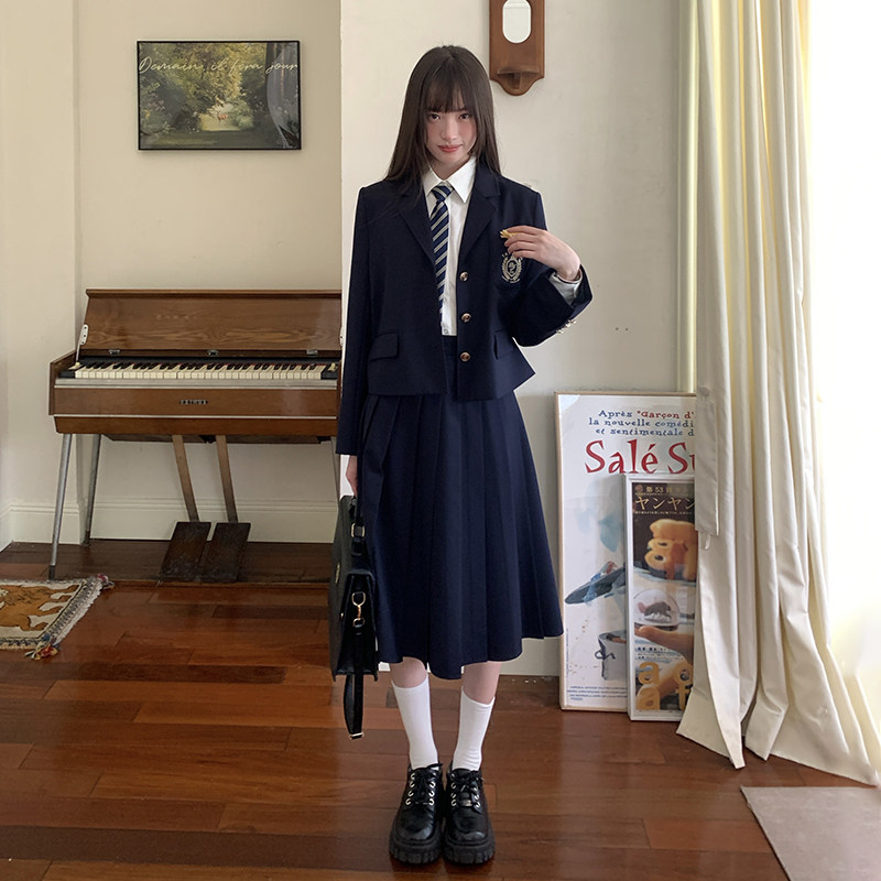 藏青色西装外套原创jk制服学院风校供甜美中长裙套装女东京岁时记