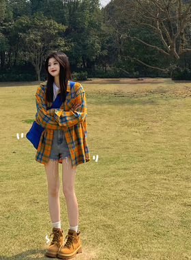 黄色格子衬衫设计感高级2023新款宽松情侣休闲bf风早秋chic上衣潮