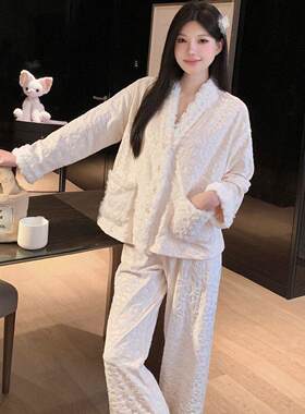 新款提花海岛绒小香风毛领睡衣套装女春秋季保暖双面绒薄绒家居服