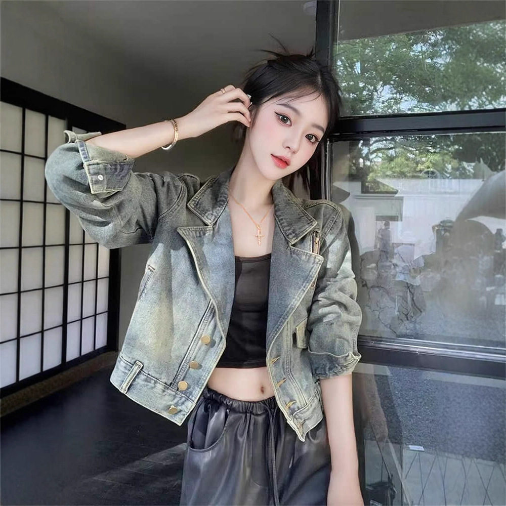 港风复古牛仔短外套女春秋新款潮流长袖上衣时尚休闲百搭机车夹克