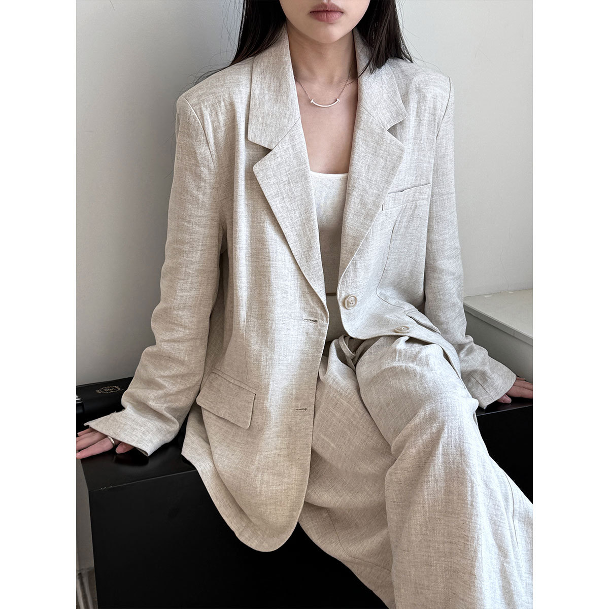 鹿西 高级感穿搭天丝亚麻西装外套女秋季棉麻小西服+裤子套装3551