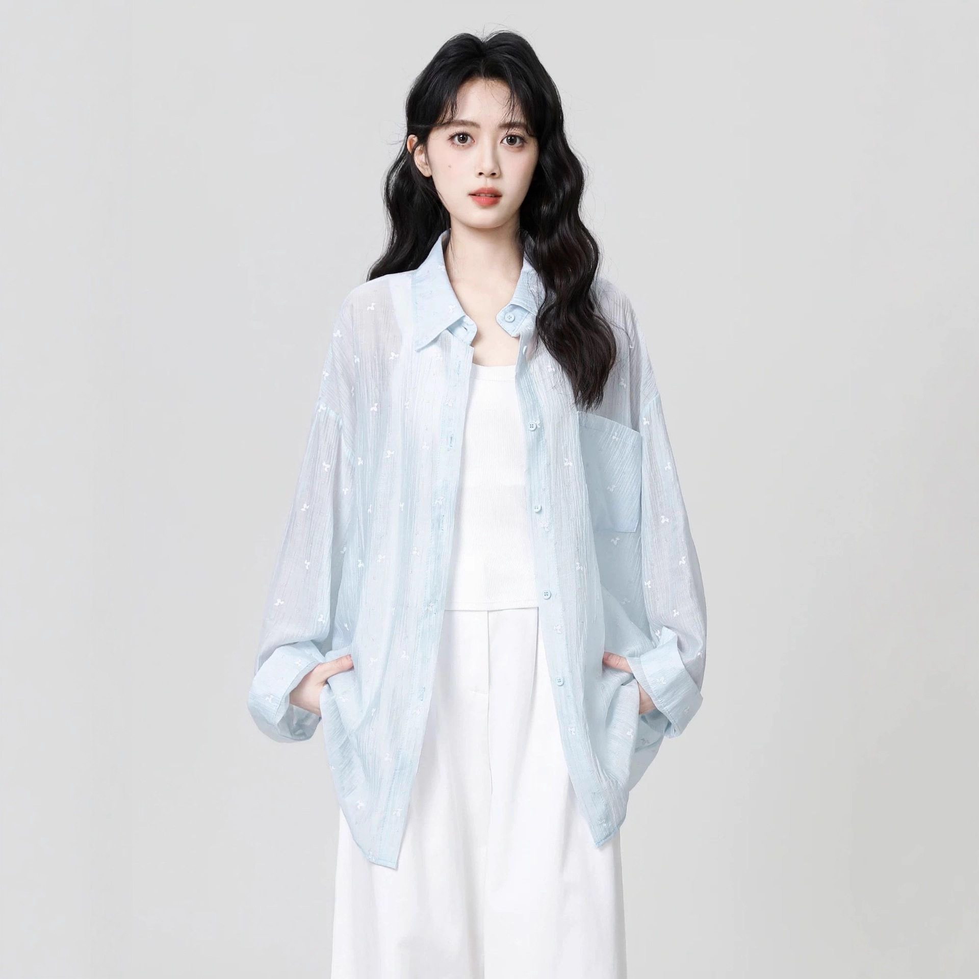 法式polo领衬衫女春秋夏新款中长款后背镂空开衫外套薄款开衫衬衣