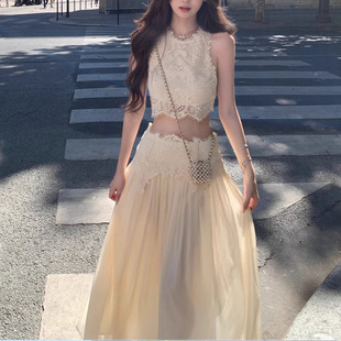 长裙套装 卢浮幻境优雅甜美精致睫毛蕾丝上衣 女 新款 夏季
