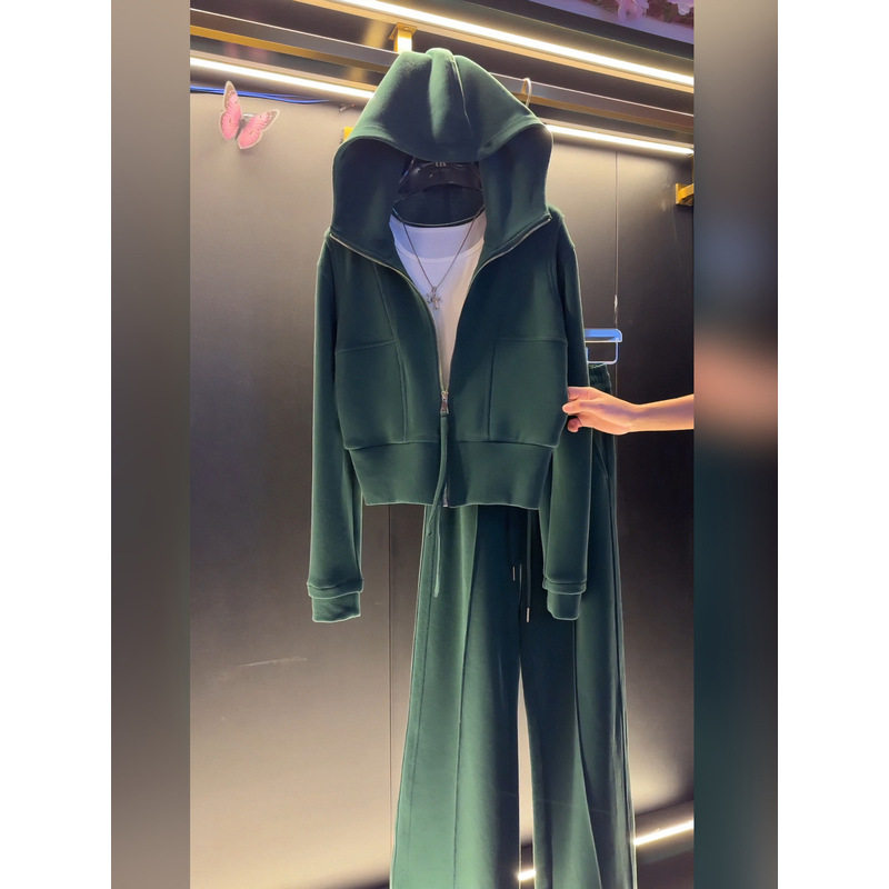 洋气减龄绿色休闲运动风套装女秋冬新款加厚连帽卫衣裤子两件套女
