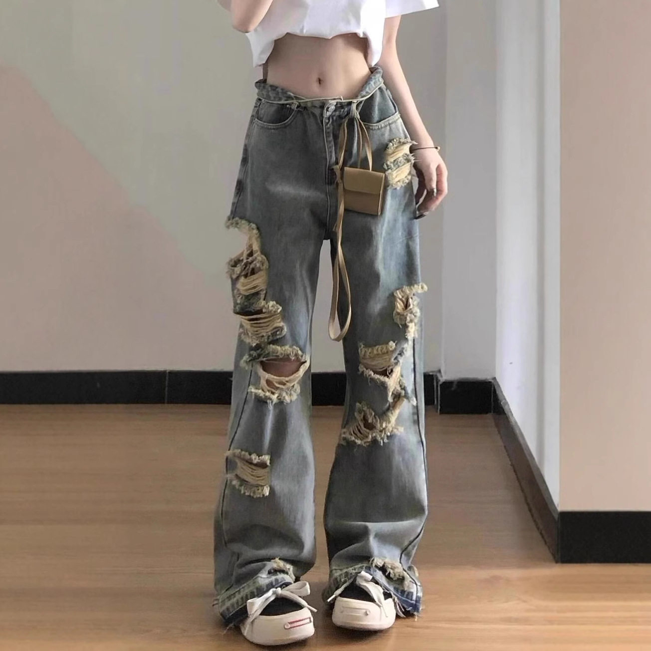 大码美式复古破洞牛仔裤女夏季薄款垂感流苏设计感宽松阔腿裤长