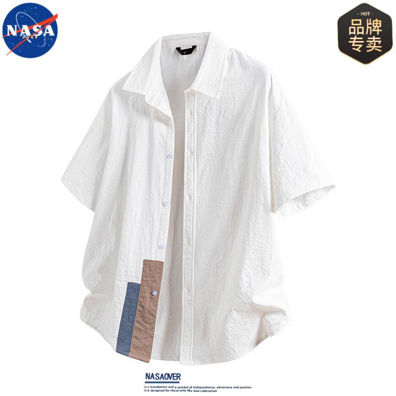 NASA美式潮牌痞帅拼接设计感短袖衬衫男生夏季学生半袖衬衣薄上衣