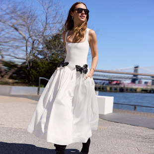 夏速卖通欧美新款白色吊带连衣裙大裙摆绷带裙蝴蝶装饰性感礼服裙