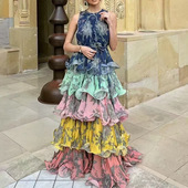 设计波西米亚复古风荷叶边款 2026春秋澳洲跨境新款 挂脖无袖 长裙女
