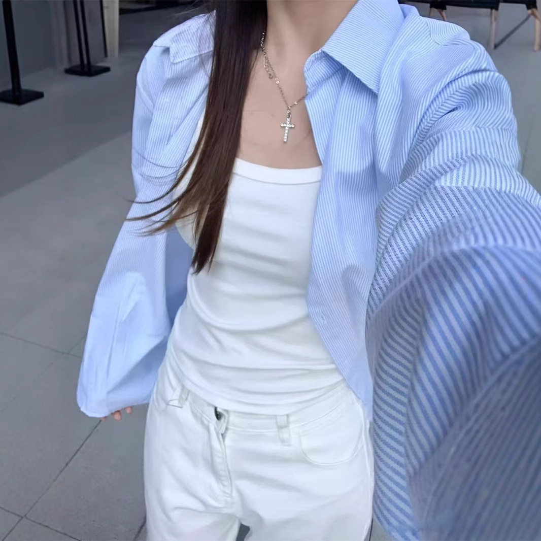 春秋蓝色条纹女式衬衫外套上衣女装韩系宽松显瘦休闲叠穿衬衣长袖