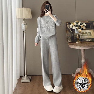 2026新款灰色休闲运动套装女秋冬时尚洋气加绒卫衣阔腿裤两件套潮