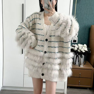 毛绒外 女秋冬高级感宽松中长款 25秋冬新款 小香风皮草拼接针织开衫
