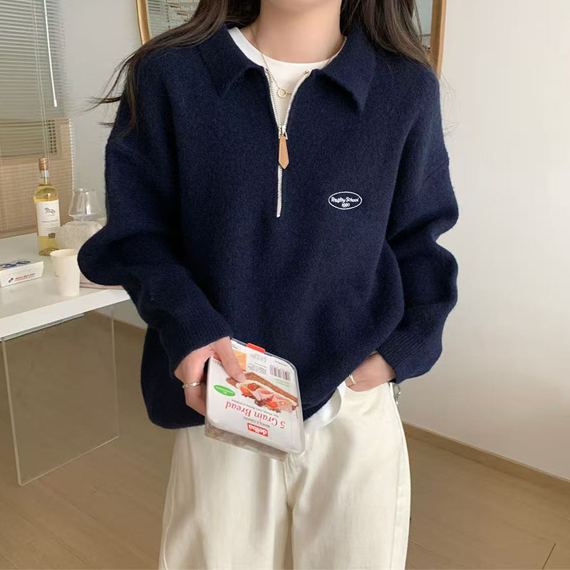 polo领半拉链毛衣女秋冬季