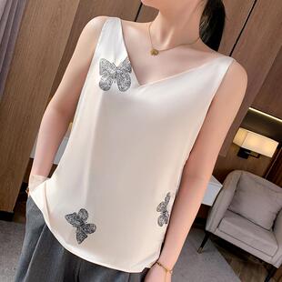 吊带 仿真丝无袖 丝滑醋酸缎面V领蝴蝶打底感女2025春夏季 新款