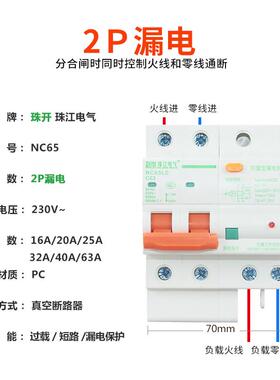 珠开珠江防雷漏电保护器浪涌漏电开关断路器家用总开关2P漏电保护