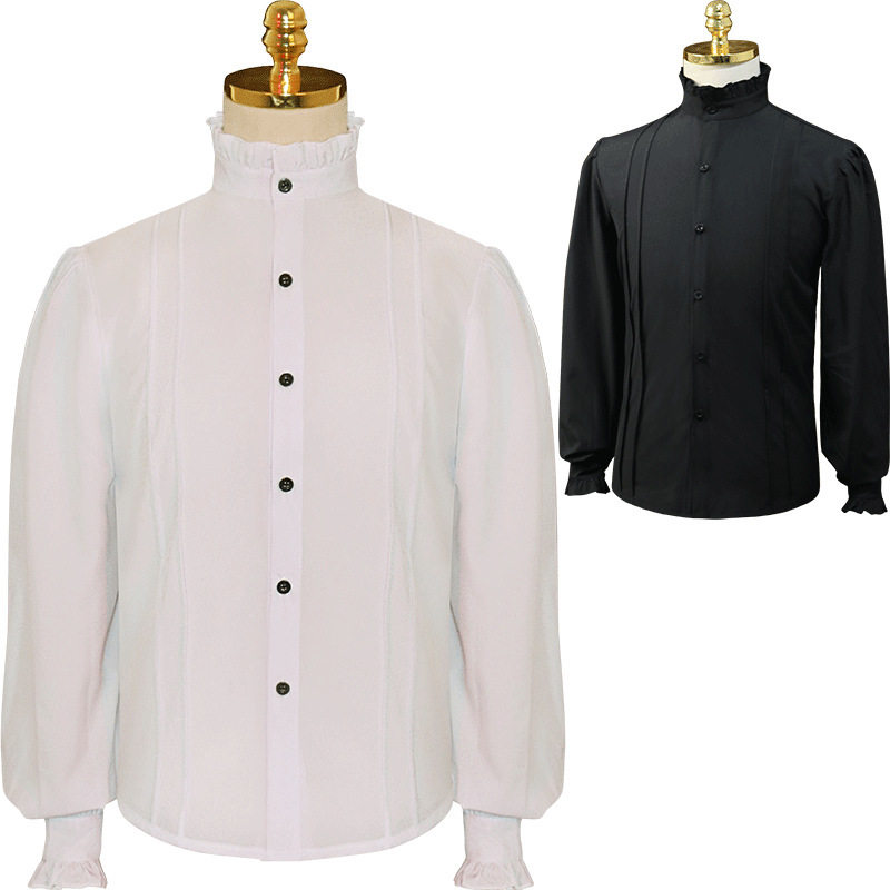 2021新欧美褶皱海盗衬衫中世纪文艺复兴蒸汽朋克维多利亚上衣男装