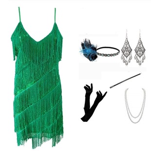 外贸大码S-3XL1920复古盖茨比套装短款礼服订珠流苏裙舞会拉丁舞