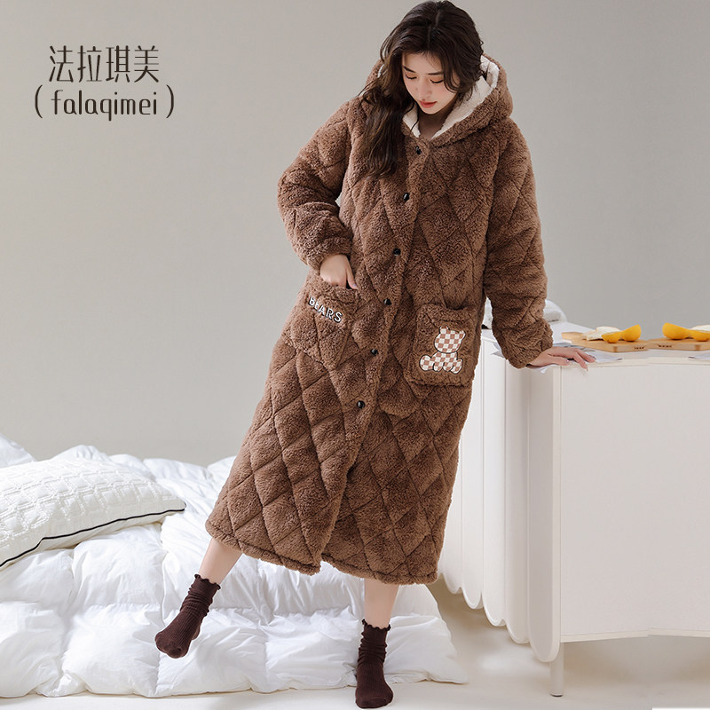 珊瑚绒睡袍女秋冬款三层加厚夹棉长款睡衣女冬季加绒2024新款浴袍