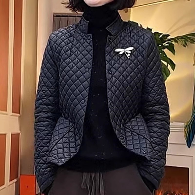 速发菱形格短款羽绒棉衣薄冬小个子妈妈轻秋棉服短外套