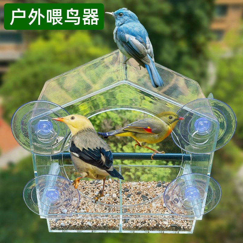速发亚克力透明户外喂鸟器台窗外高楼鸟禽带吸盘吃投食器屋碗台