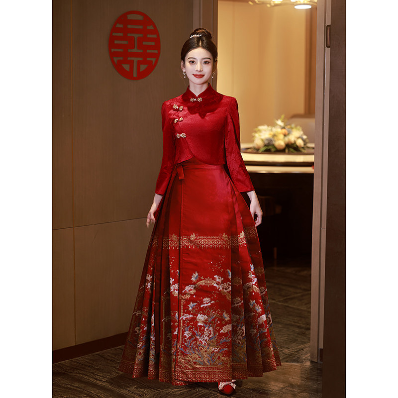 速发马面裙婚套敬酒服嫁衣订婚服新娘酒红色旗袍礼装喜服结婚中式