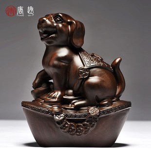 速发黑檀木雕狗摆件十二生肖饰摆设家客居厅电视柜办公装狗红木工