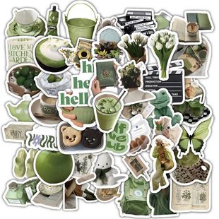 300张绿色系贴纸韩ins风清新高颜值卡通可爱手账素材装 饰防水贴画