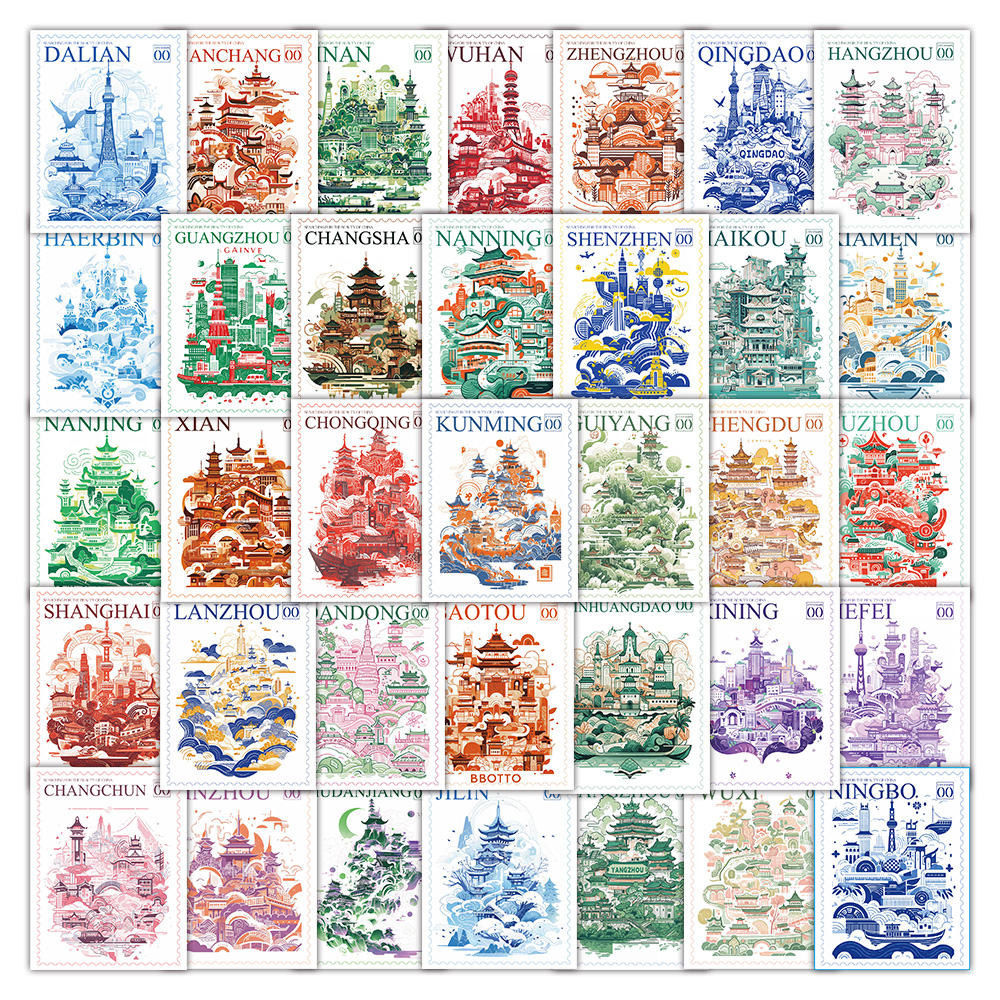 卡通城市邮票贴纸防水