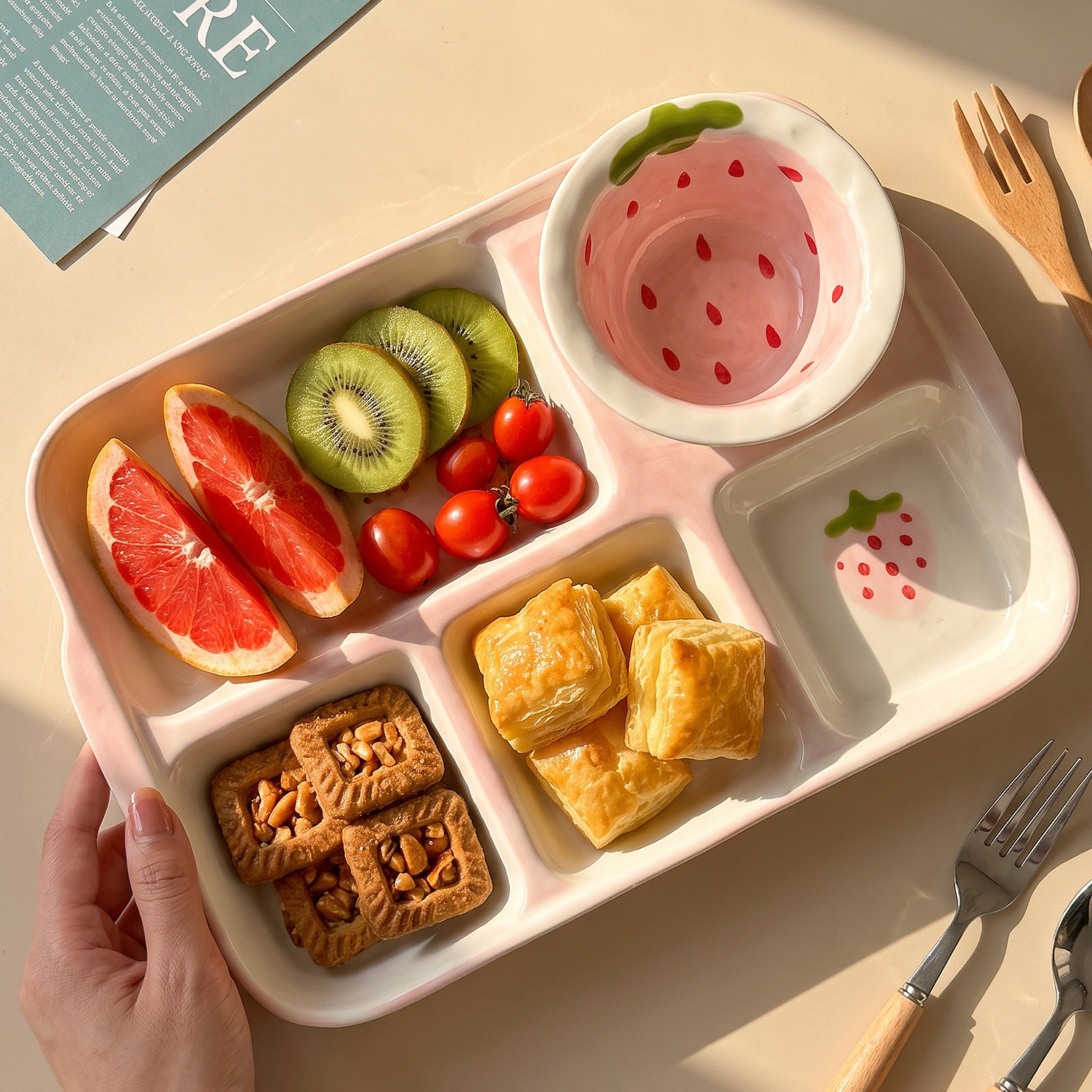 ins风草莓陶瓷分格盘五格餐盘一人食日常用餐分格盘减肥定量盘子