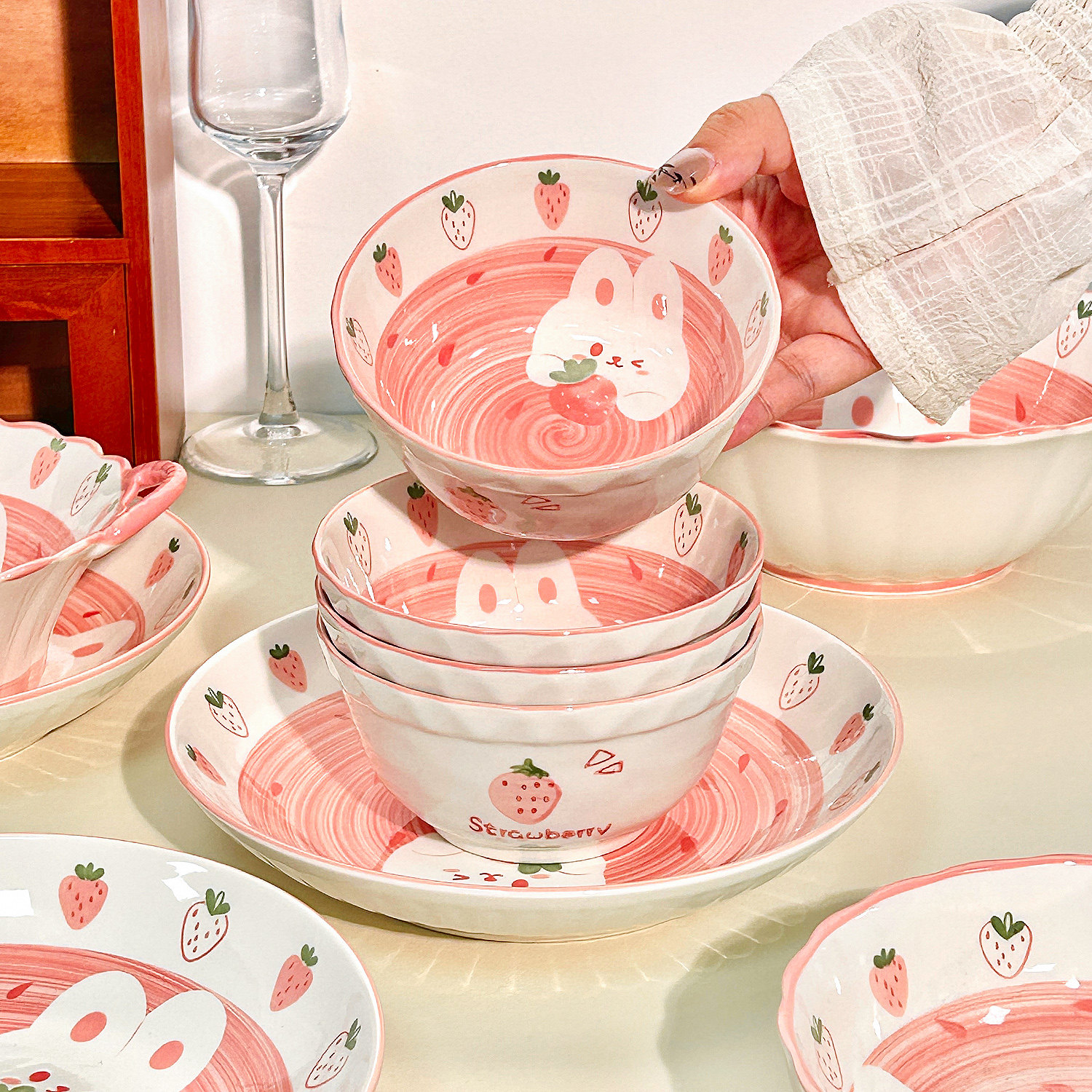 可爱陶瓷碗盘碗碟家用2026新款釉下彩餐具高颜值米饭碗双耳汤面碗,餐饮具,碗,淘宝优惠券,粉丝福利购,淘宝优惠卷