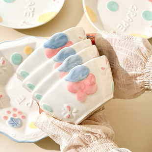 ins风陶瓷碗盘家用2026新款高颜值可爱碗碟餐具双耳汤面碗釉下彩