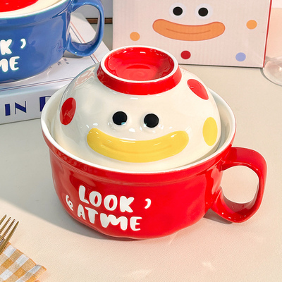 可爱泡面碗带盖学生宿舍陶瓷食堂打饭碗带手柄高颜值釉下彩汤面碗