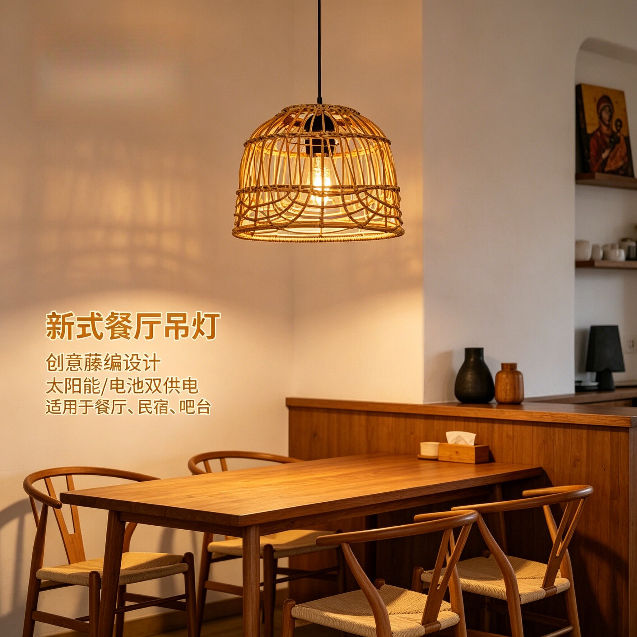 新式餐厅吊灯新款藤编电池盒太阳能户吊灯创意餐厅民宿吧台灯卧室